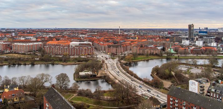 Aerial view of Copenhagen showcasing architectural layout and waterways.