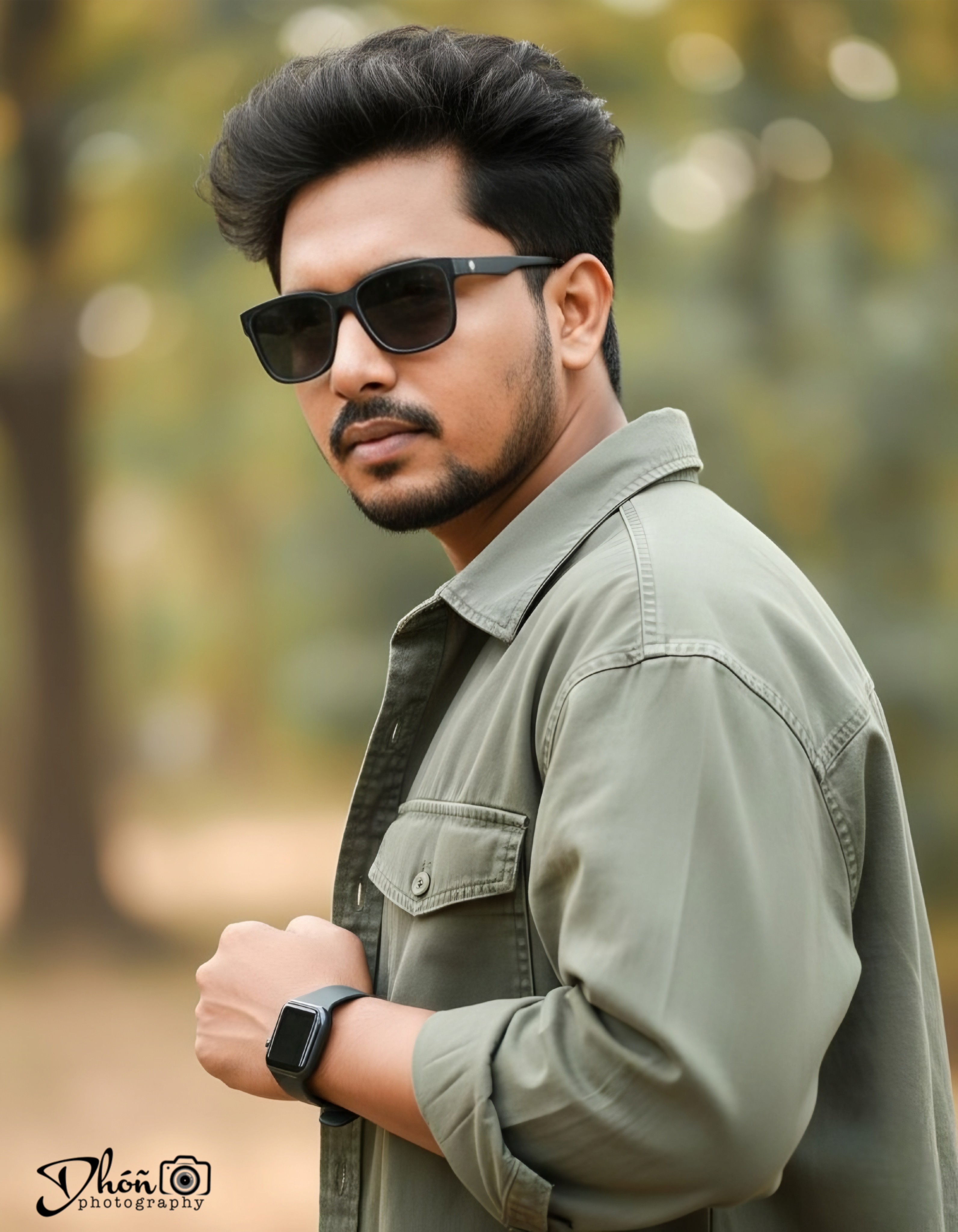 Young man outdoors wearing sunglasses and an olive jacket
