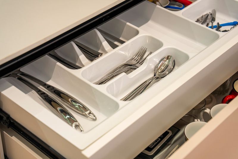 Neatly organized silverware in a divided kitchen drawer