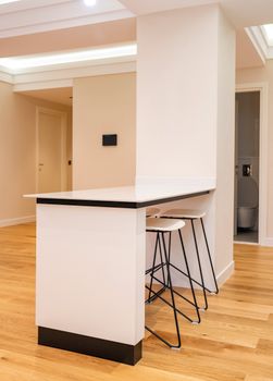 A contemporary kitchen space features a sleek bar counter with modern bar stools and wooden flooring.
