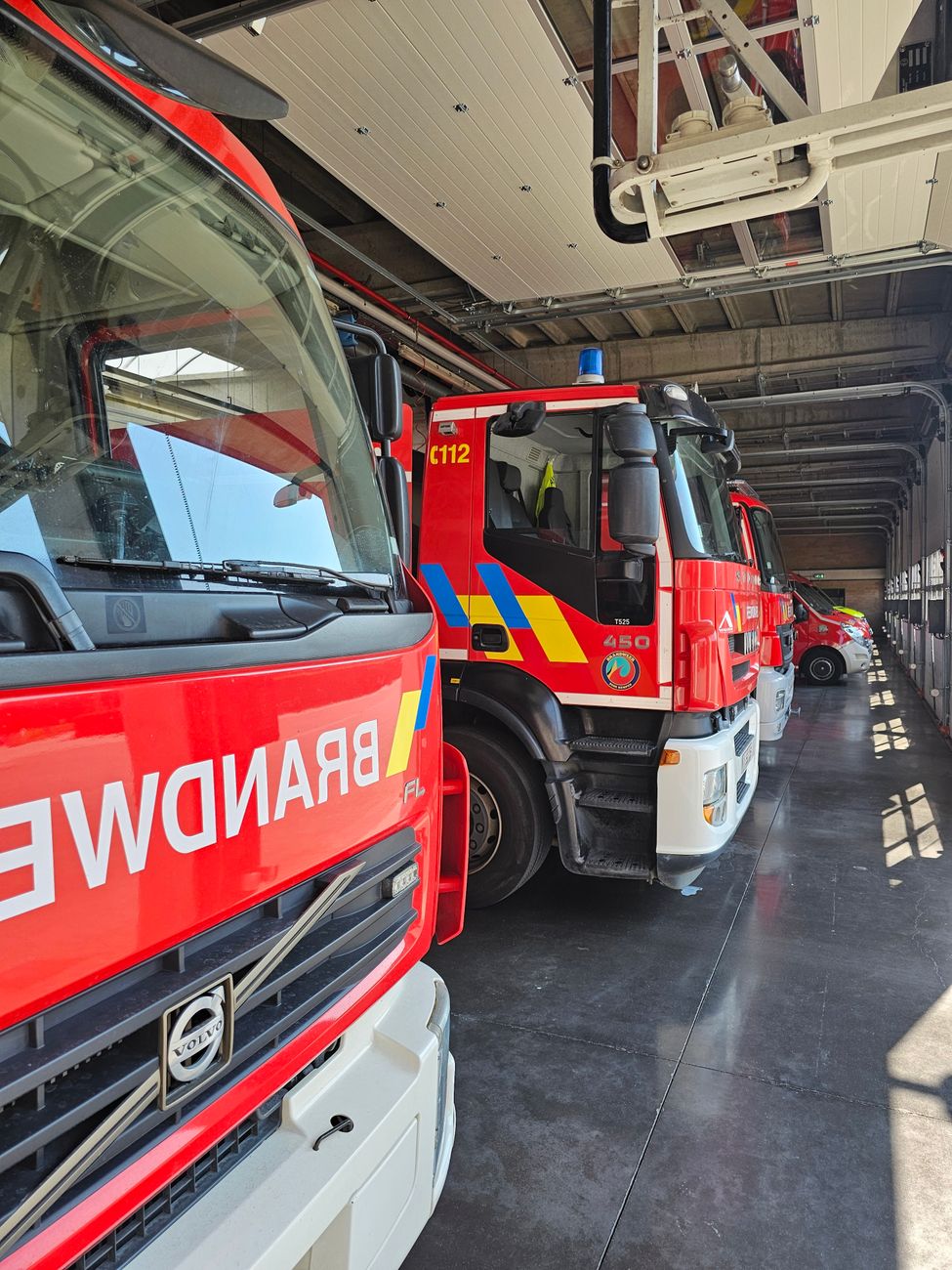 Een rij felrode brandweerwagens staat geparkeerd in een zonovergoten brandweerkazerne, als teken van paraatheid bij noodsituaties.