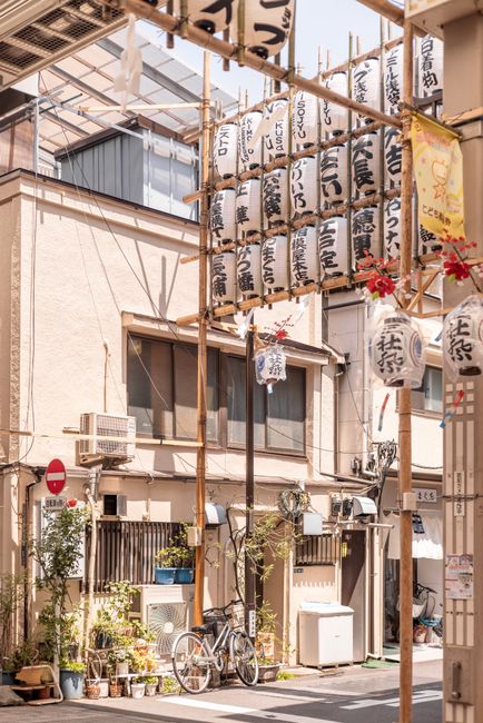 A charming street view in Tokyo featuring traditional Japanese lanterns and local architecture.