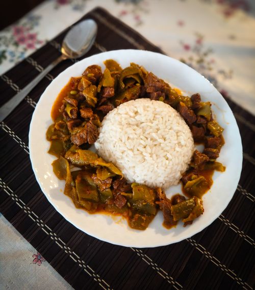 Free Authentic Turkish stew served with rice on a beautifully set table in Istanbul. Stock Photo