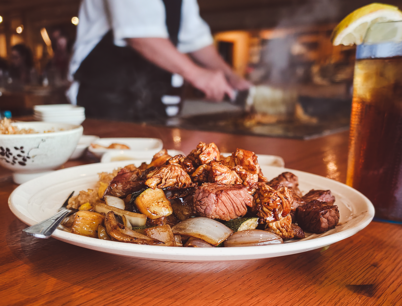 Chicken, steak and shrimp on the flat-top