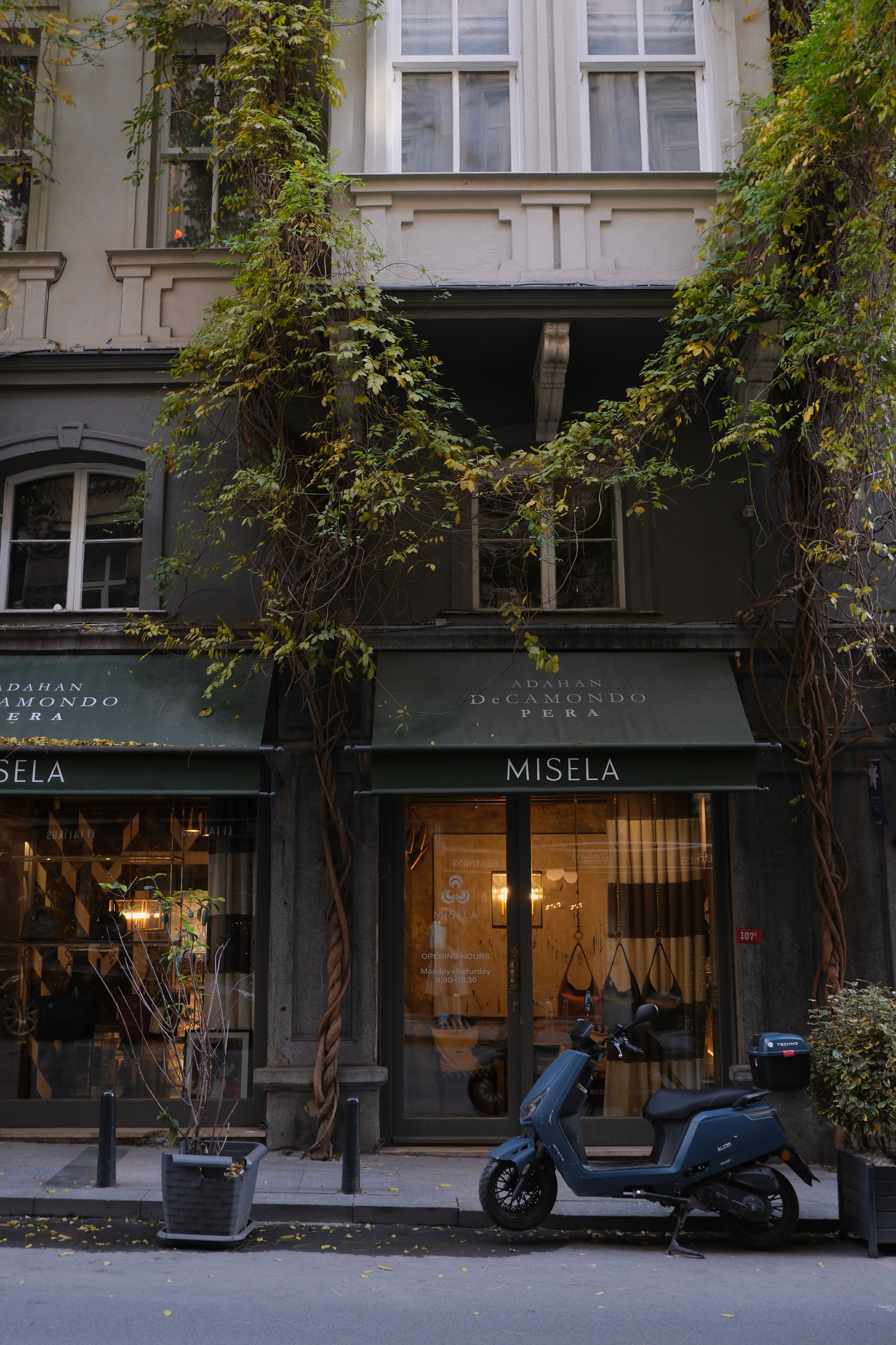 A leafy street captures a scooter parked outside a boutique in Istanbul.