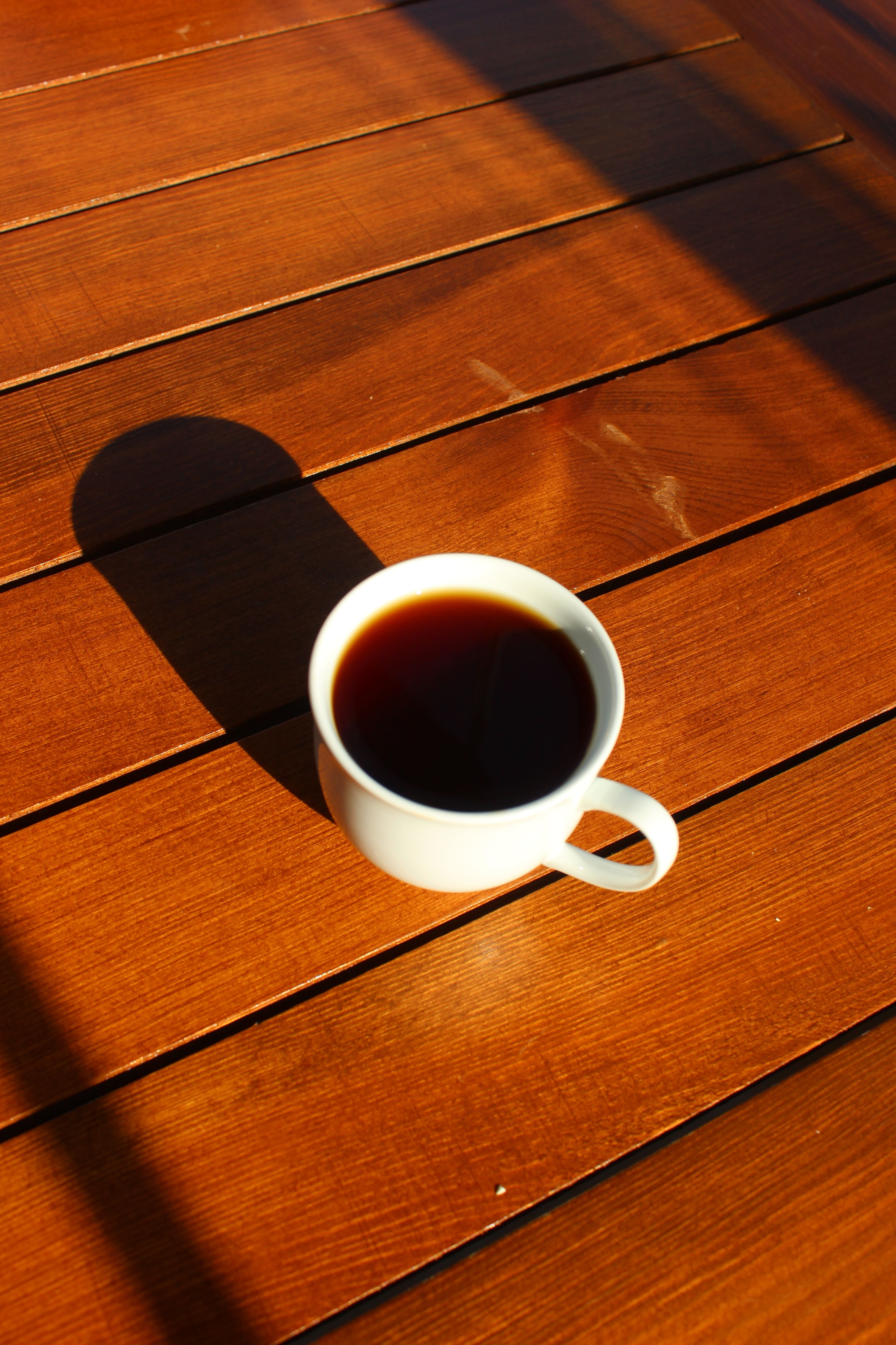 A white coffee cup on wood with morning light casting shadows creating a warm mood.