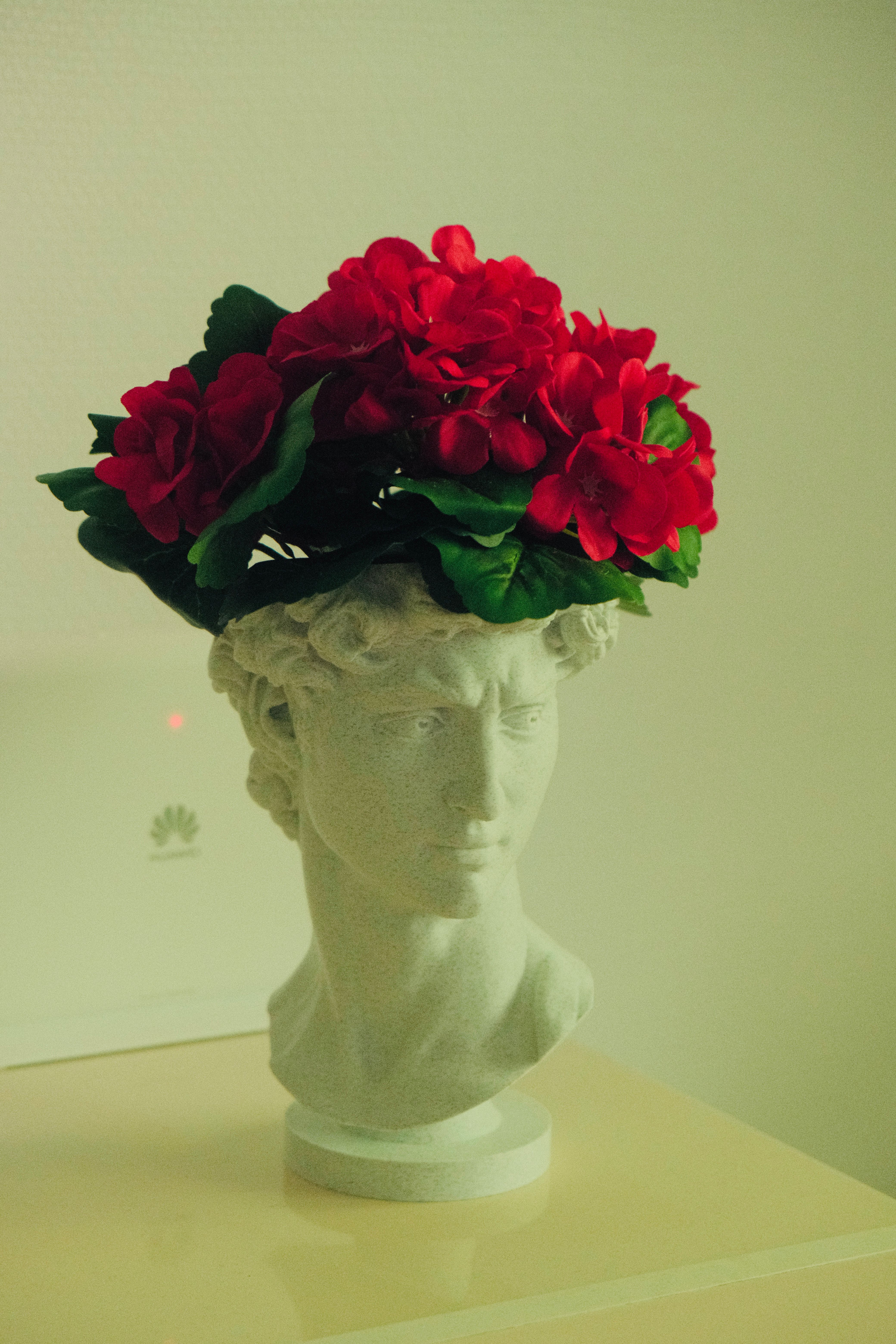 A decorative bust topped with vibrant red flowers, offering a classic artistic touch.