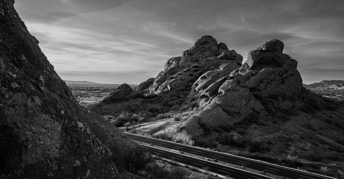 Stunning black and white photo of Arizona's iconic rock formations near Phoenix.