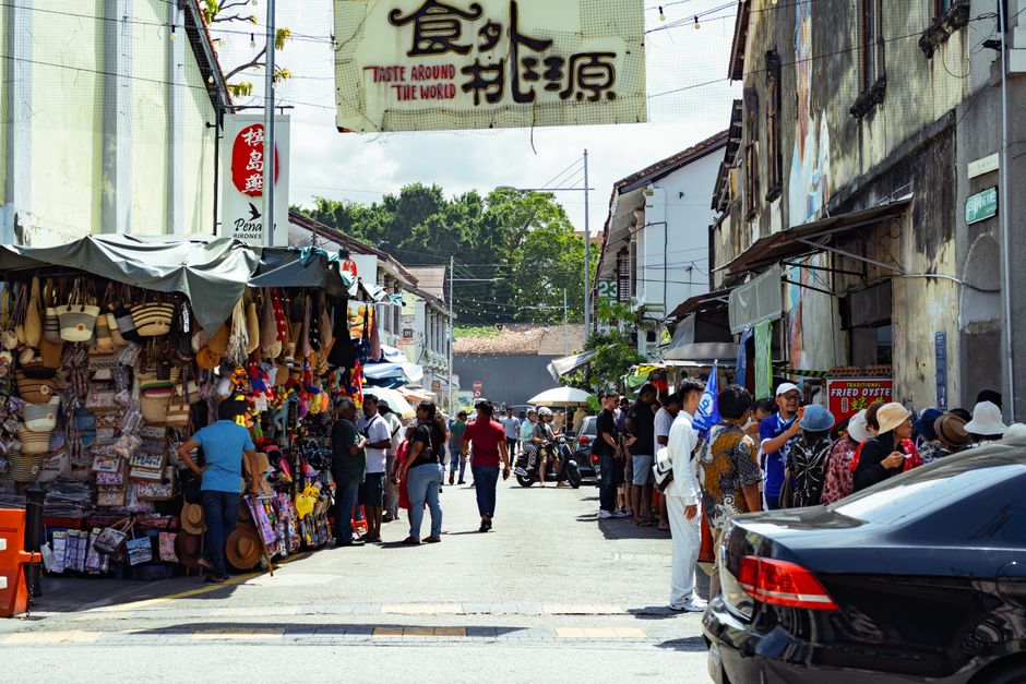 Wet street in George Town, Penang, Malaysia after an afternoon thunderstorm