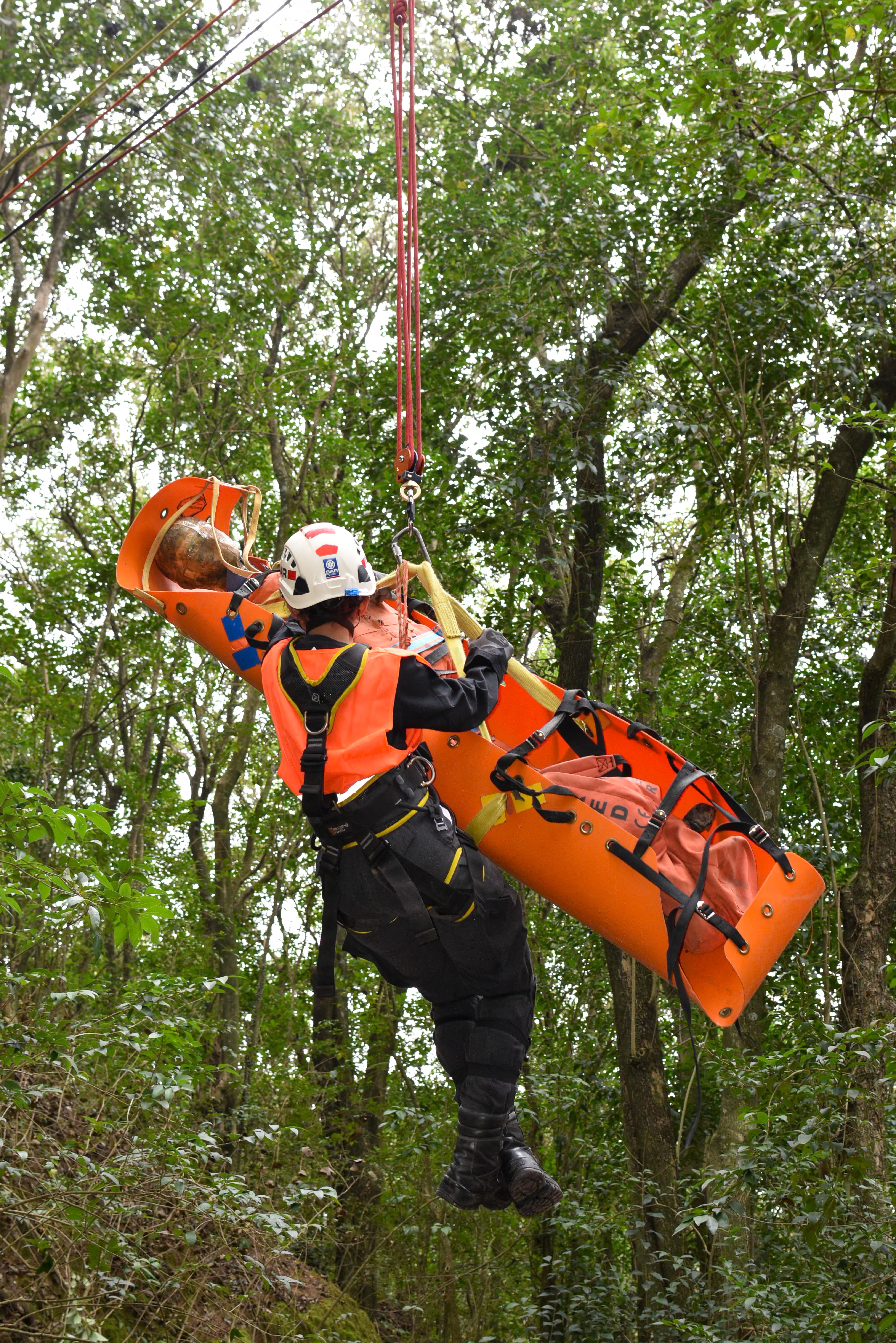 Rescue worker hoists injured person in orange stretcher amid dense forest canopy.