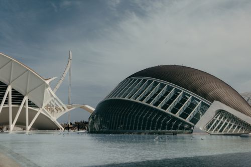 Free Modern architecture of City of Arts and Sciences in Valencia with reflections in water. Stock Photo