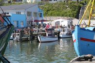 Colorful boats in a bustling dockside scene with vivid buildings.