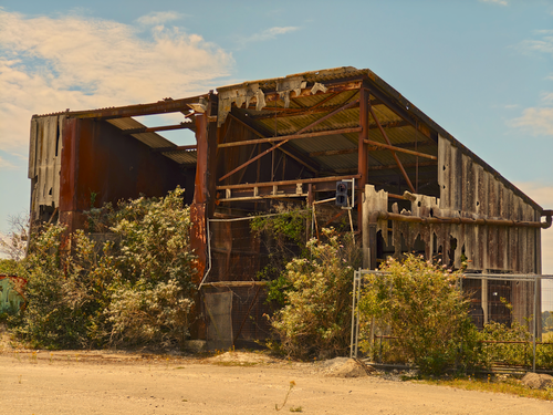 Free A decayed warehouse surrounded by overgrown bushes in Shoreham-by-Sea, England. Stock Photo