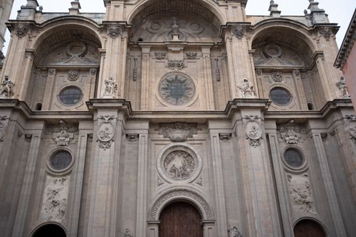 Free Intricate façade of Granada Cathedral displaying classic Spanish Renaissance architecture. Stock Photo