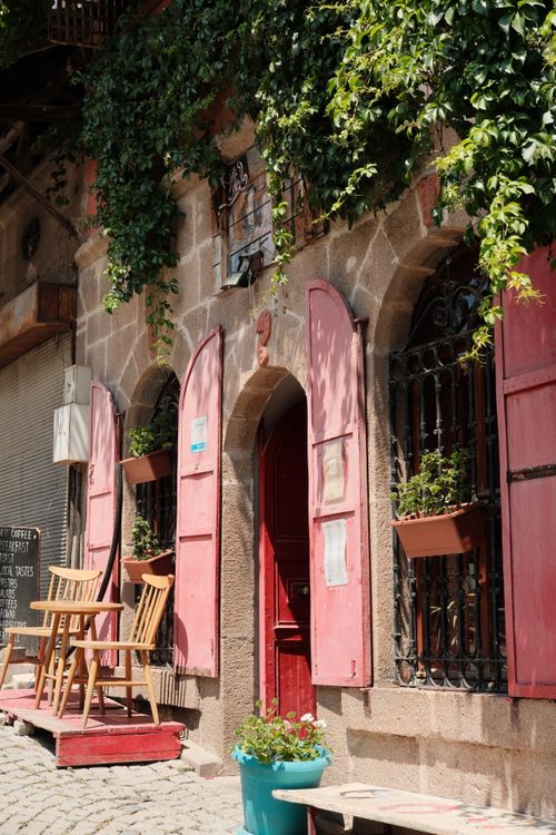 Free Cozy street with rustic wooden chairs and vibrant plants on a sunny day. Stock Photo