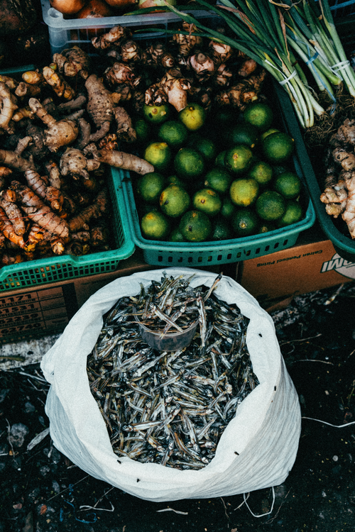 Free Fresh produce and dried fish at a Bali market. Vibrant, local cuisine ingredients. Stock Photo