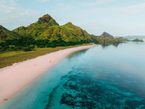 Free Aerial view of the pink beach on Padar Island, surrounded by lush green hills and turquoise waters. Stock Photo