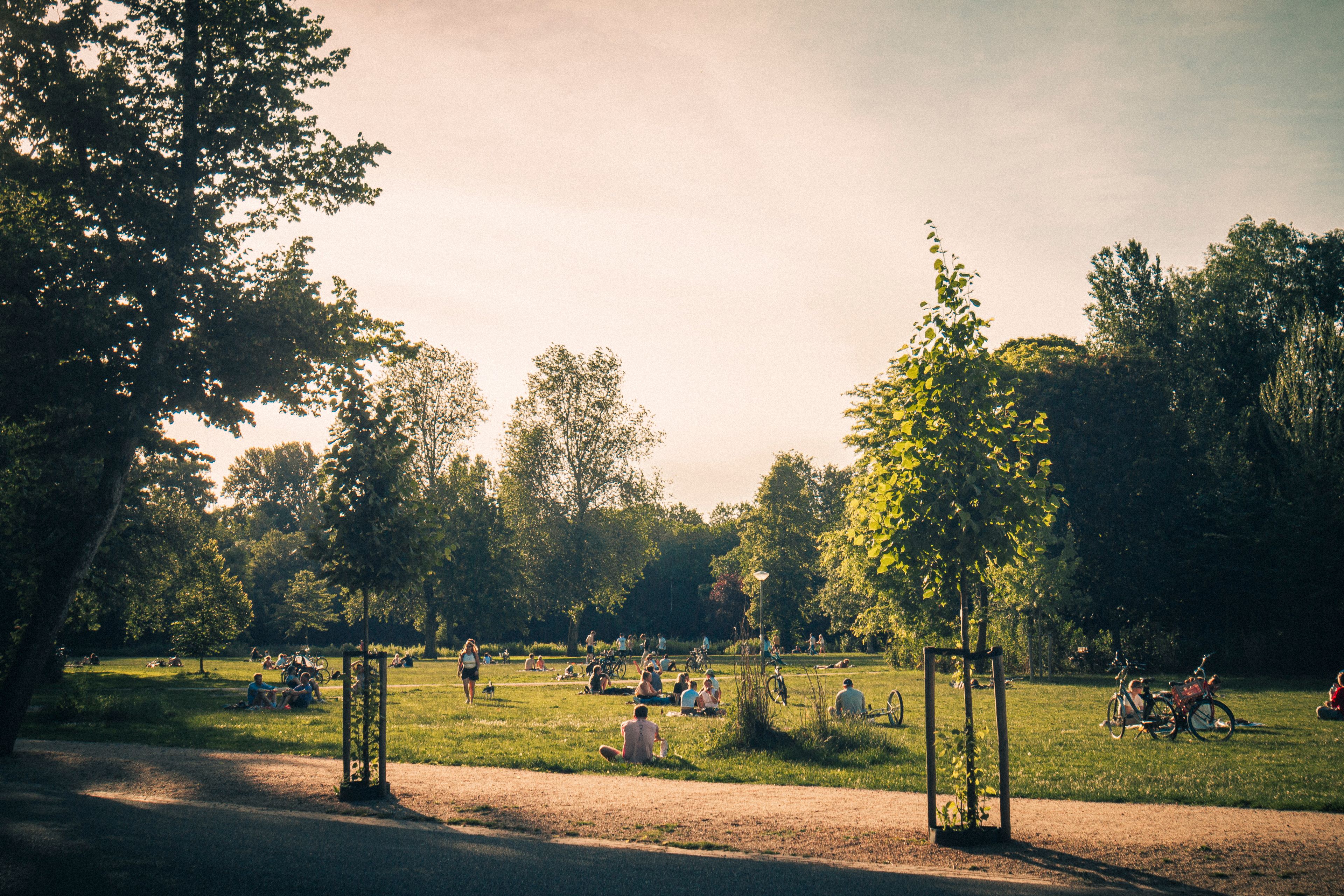 Family walking through Amsterdam's Vondelpark near a children's playground in Oud-Zuid