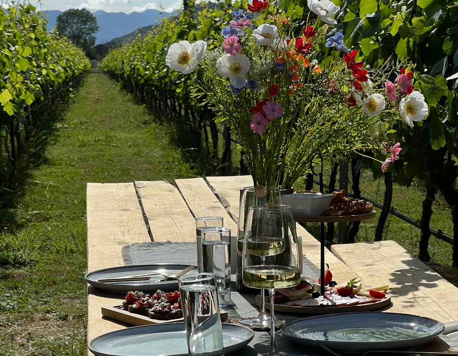 A table set with flowers and glasses between vineyard rows