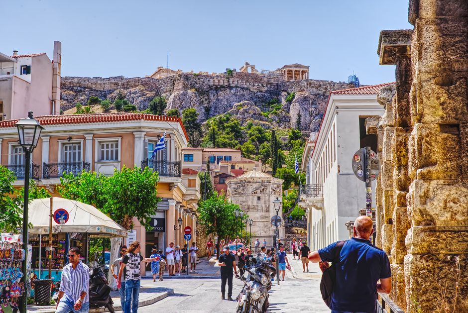 Tourists entering the historic Acropolis site in Athens, Greece