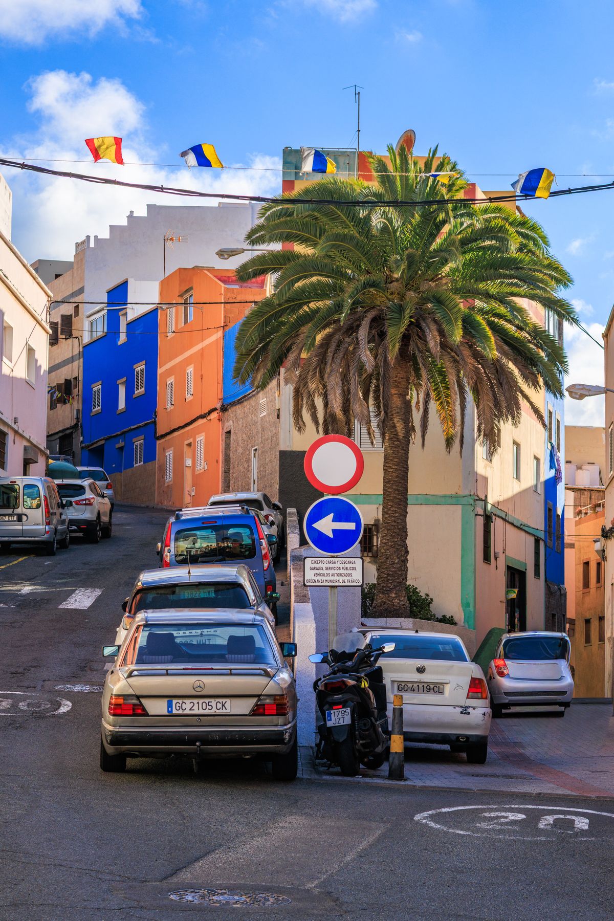 Las Palmas de Gran Canaria - stradă colorată cu palmieri și clădiri