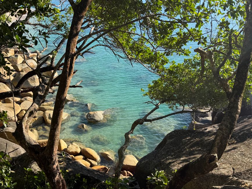 Scenic view of a tropical coastline with clear turquoise water and surrounding foliage.