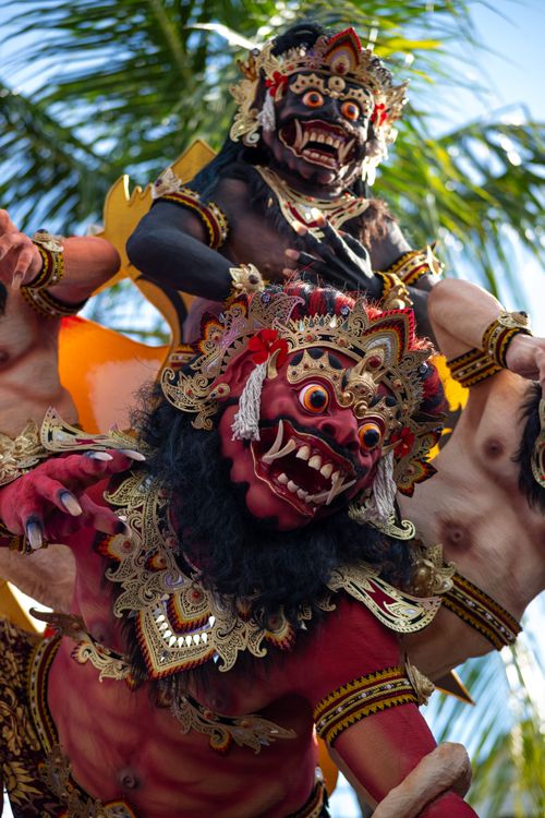 Free Colorful Balinese Ogoh-Ogoh statues with intricate designs featured in a cultural parade. Stock Photo