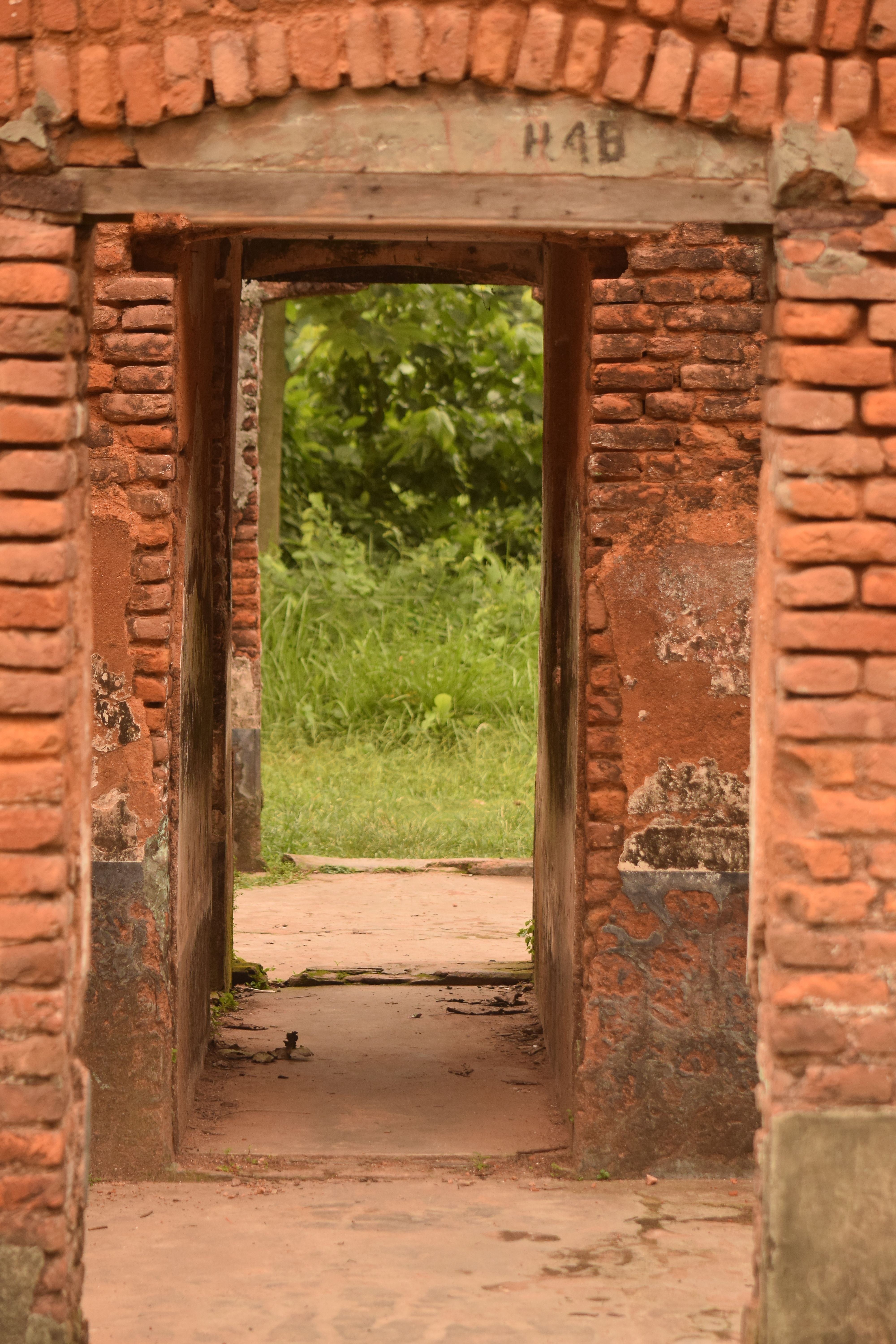 Explore a rustic brick doorway leading to lush greenery in historic Sonargaon.