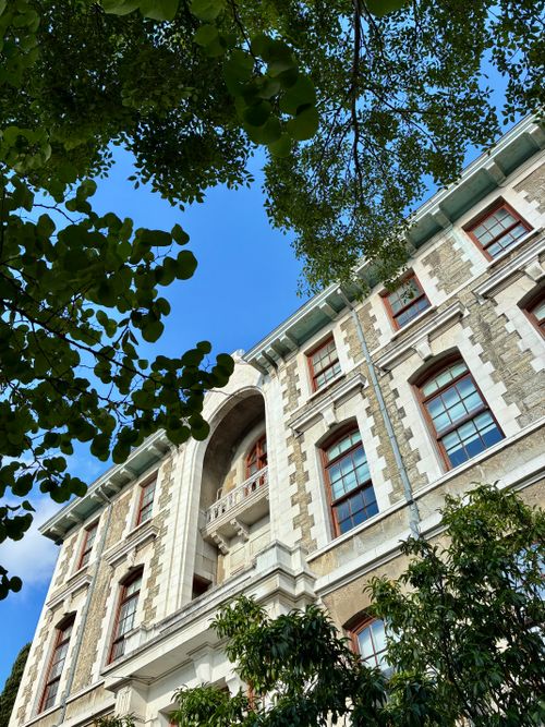 Free Elegant historical building facade framed by vibrant tree leaves under a clear blue sky. Stock Photo
