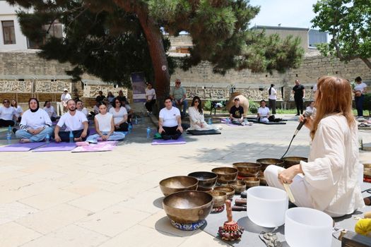 Group meditation session with singing bowls in a serene outdoor setting.