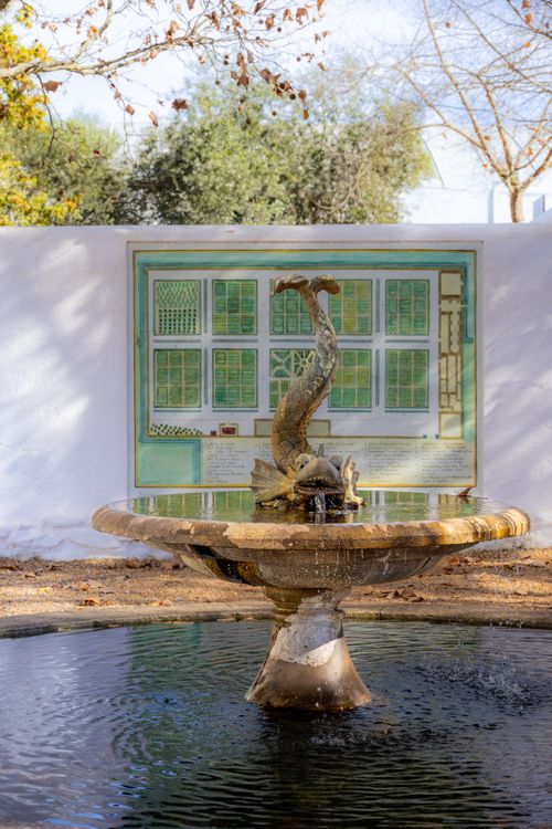 Free Elegant stone fountain with intricate dolphin sculpture in a peaceful garden setting. Stock Photo