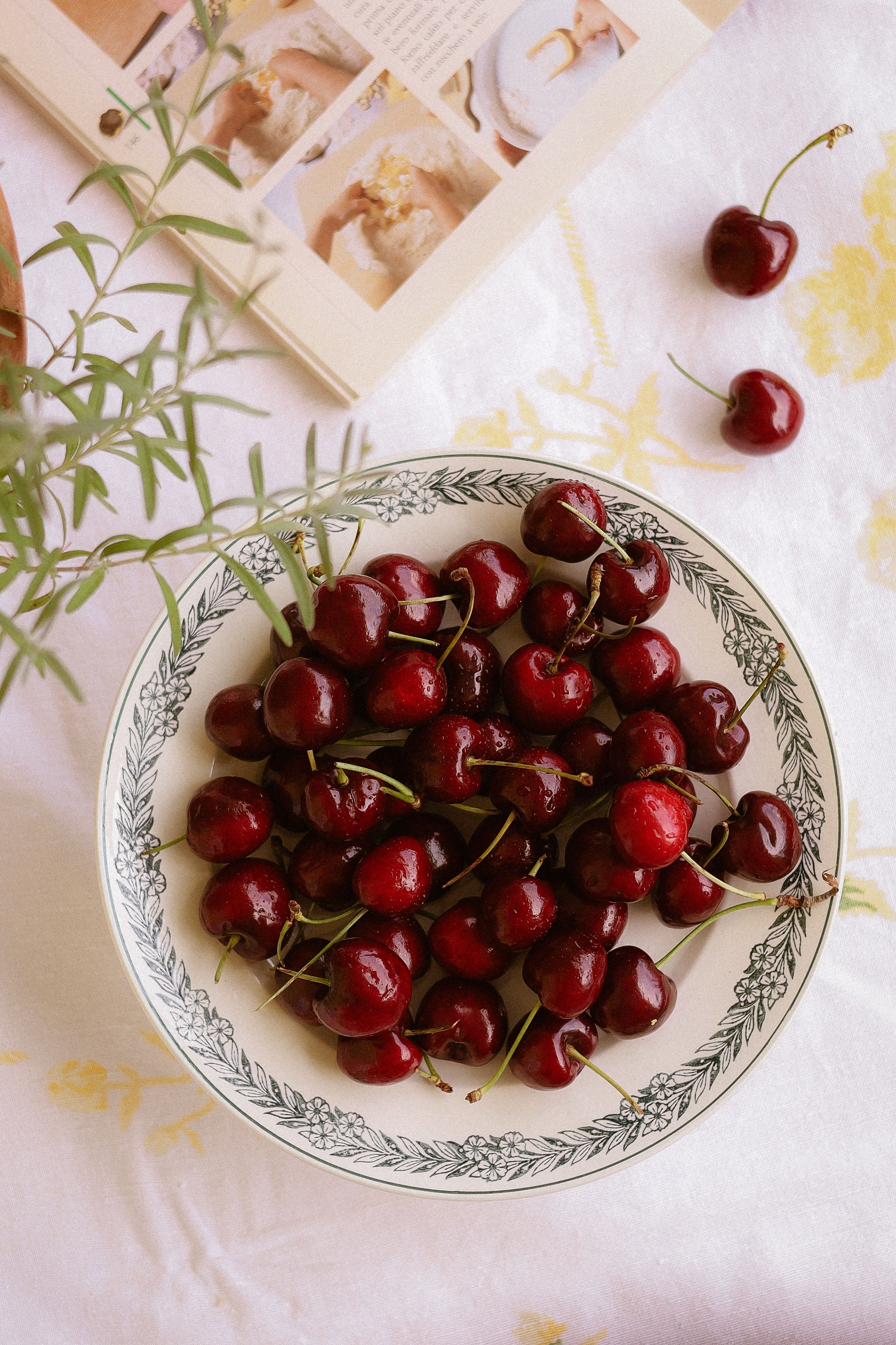 A decorative bowl filled with ripe cherries placed on a floral tablecloth.