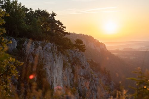 Free A breathtaking sunset view over cliffs with lush greenery and distant hills, evoking a serene summer evening. Stock Photo