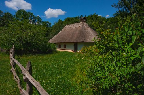 Free Rustic thatched cottage surrounded by lush greenery and wooden fence under a bright blue sky. Stock Photo