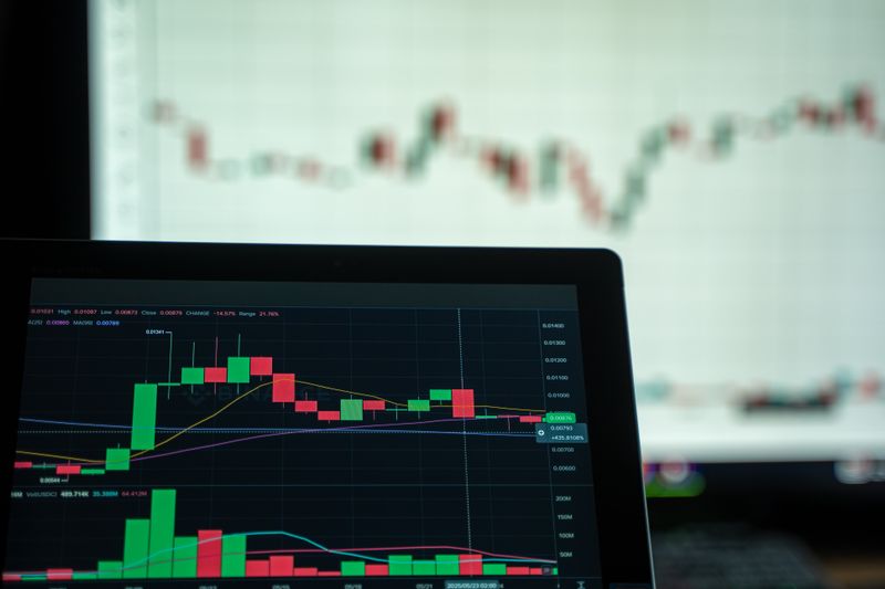 Financial charts on a laptop in a dark workspace