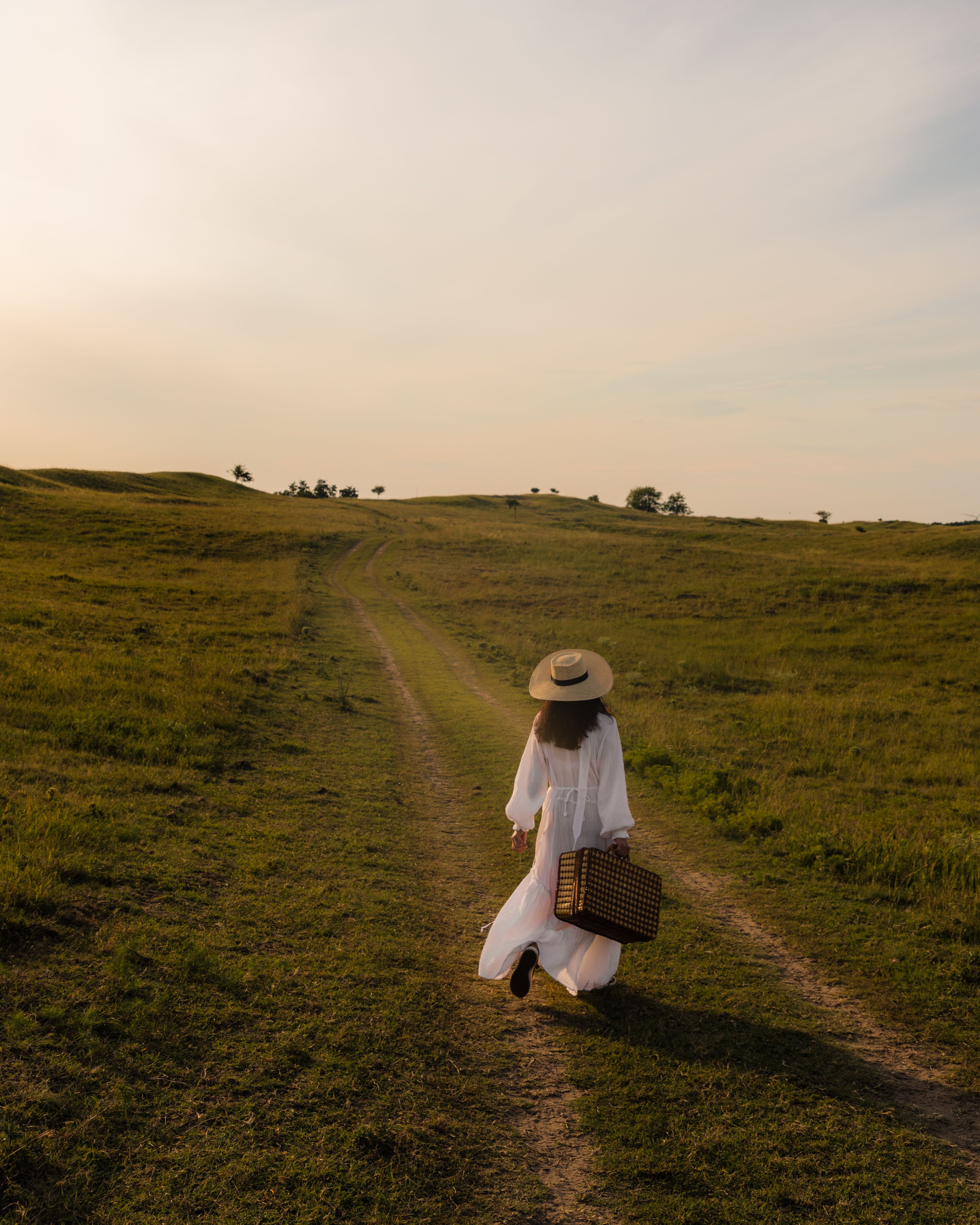Woman in white dress carrying a suitcase on a tranquil rural path during a summer day.