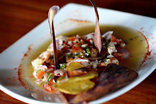 Free Ecuadorian ceviche dish with fresh ingredients and plantain chips on a plate. Stock Photo
