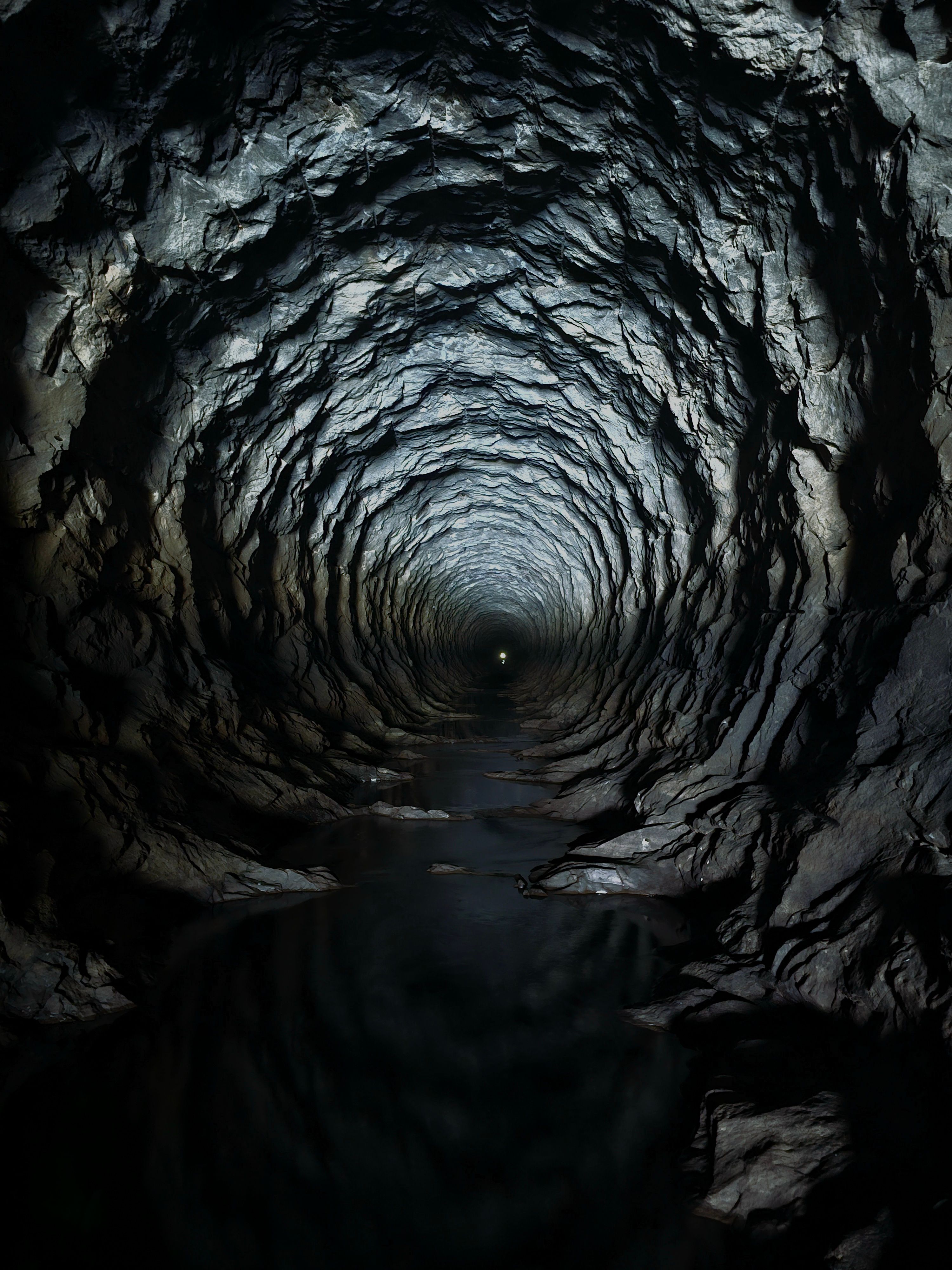 Explore the eerie, textured rock tunnel with a distant light source.