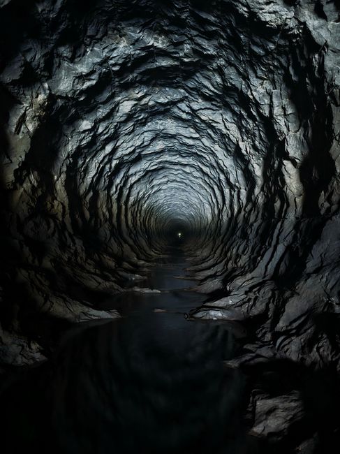 Explore the eerie, textured rock tunnel with a distant light source.