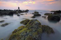 一位孤独的摄影师在日出时捕捉到了岩石上长满青苔的宁静海景