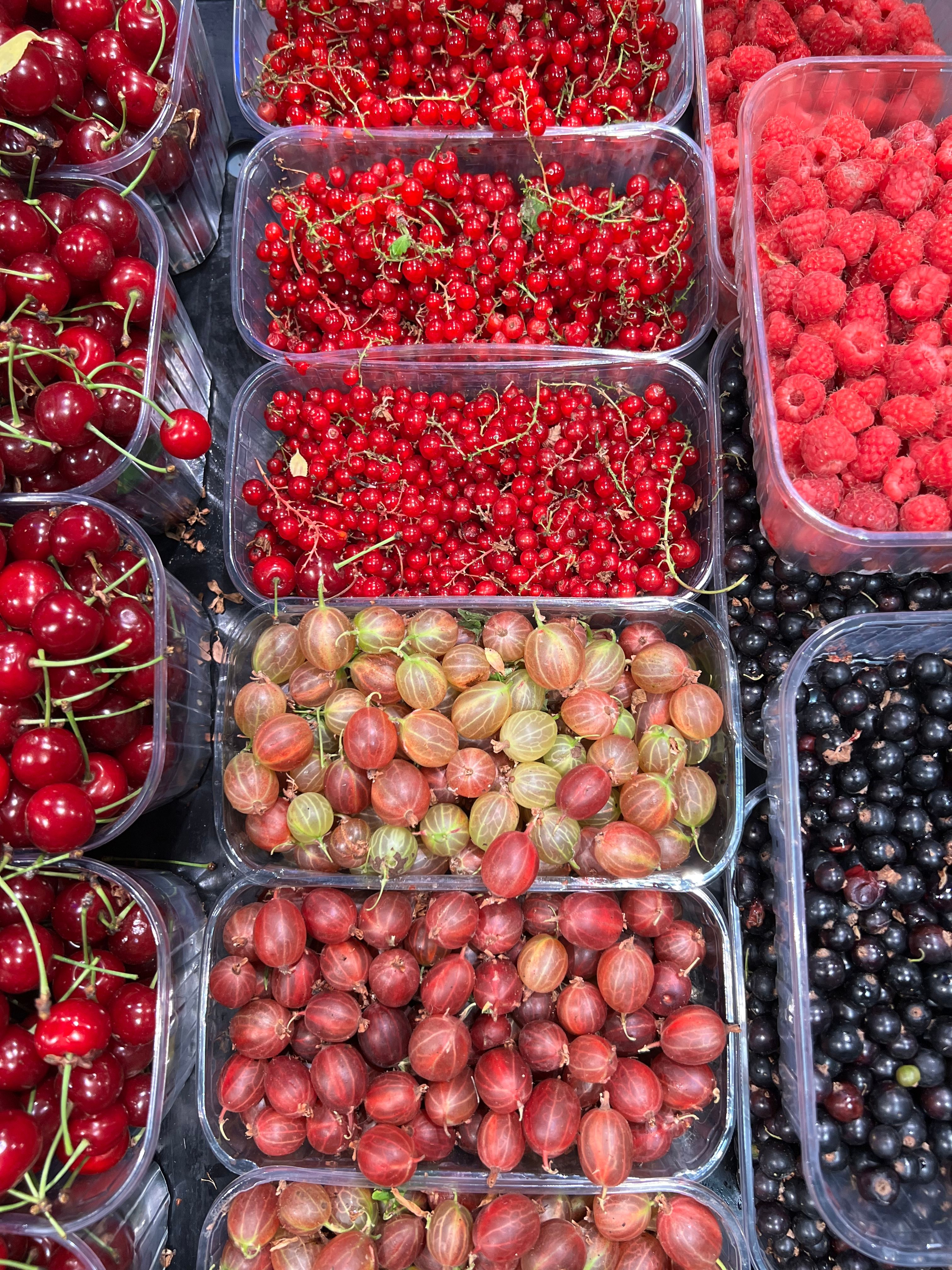 Top view of assorted fresh berries including cherries, gooseberries, red currants, and raspberries.