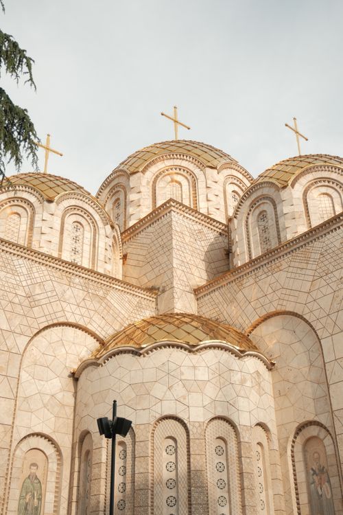 Free Detailed view of an Orthodox church with golden domes in Skopje, North Macedonia. Stock Photo