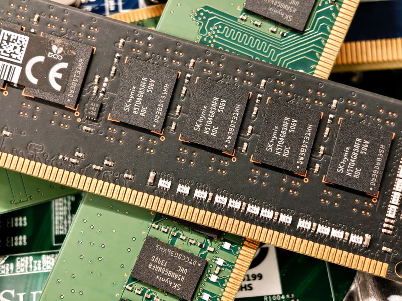 Close-up of DDR memory modules with SK hynix DRAM chips soldered to the circuit board