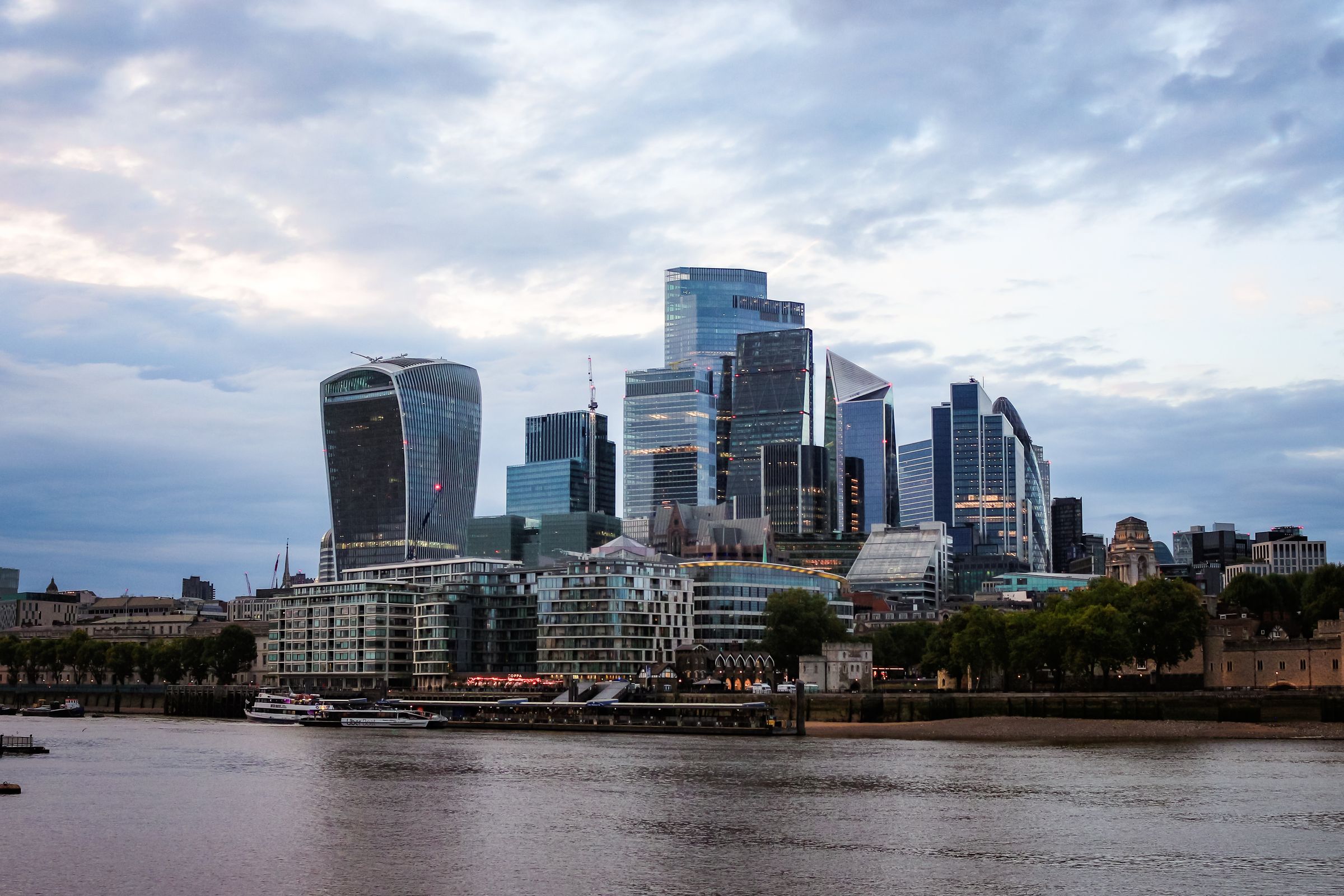 London financial district beside the River Thames at dusk