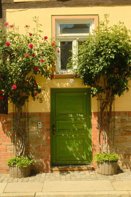 Green wooden door with floral arch in historic Quedlinburg, Germany.