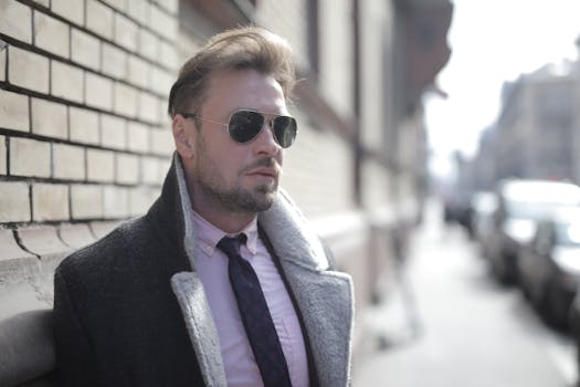 城市街道上，一个自信的男人戴着太阳镜，穿着外套，显得格外别致