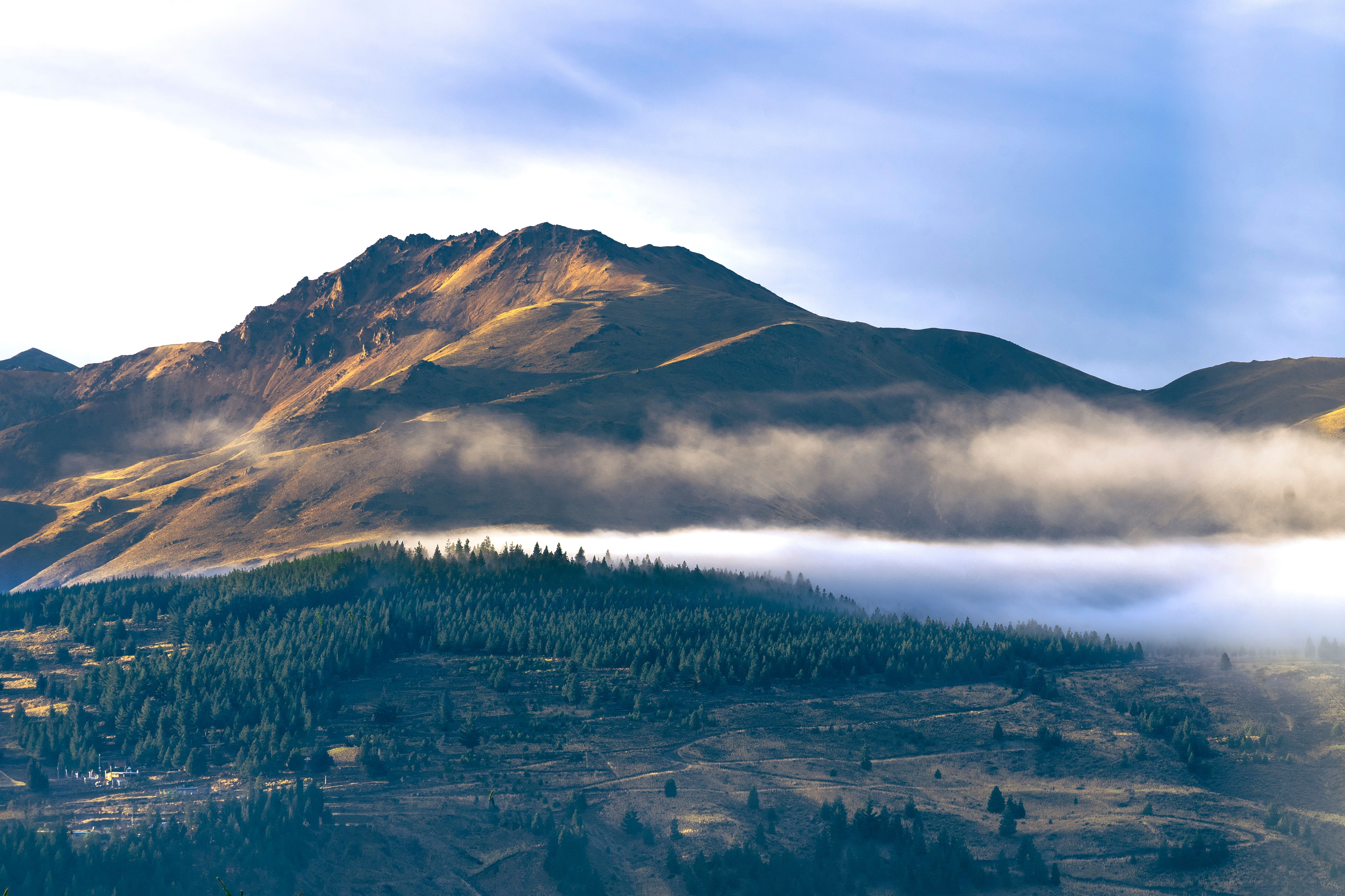 Scenic mountain landscape with fog and forests in Esquel, Chubut Province, Argentina.