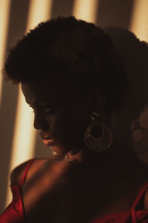 Free Elegant artistic portrait of a woman in warm, shadowed evening light with striking earrings. Stock Photo