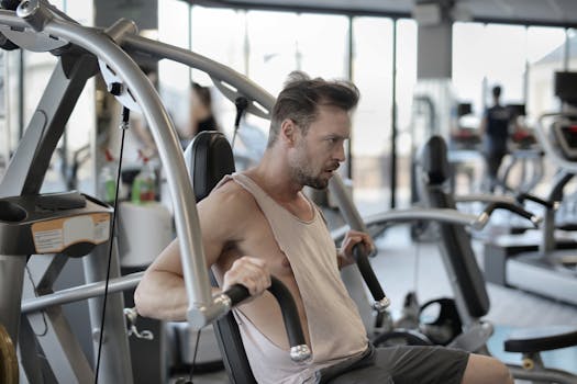 A man intensely working out on gym equipment, showcasing strength and determination.
