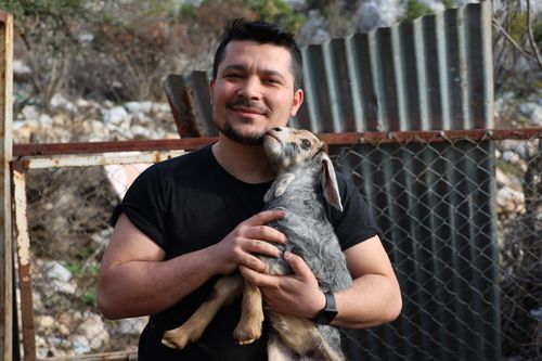 Free A smiling man cradles a young goat against a rustic outdoor backdrop. Stock Photo